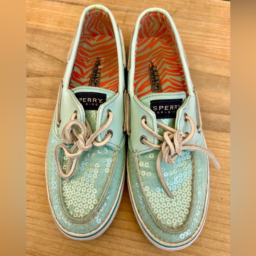 Sperry Sky Aqua Blue Sequins Boat Shoes Women’s Size 7.5
